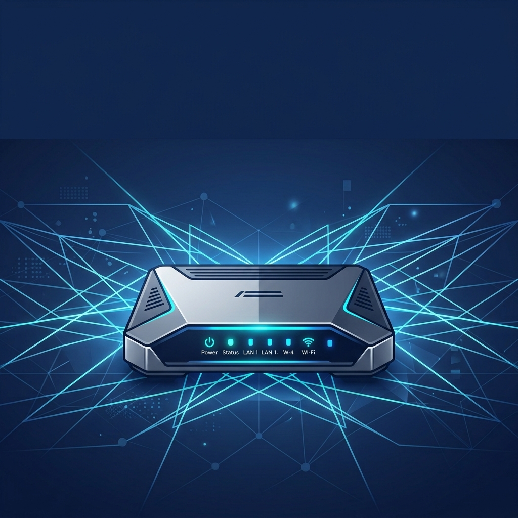 Illustration of a network router connected by blue network lines