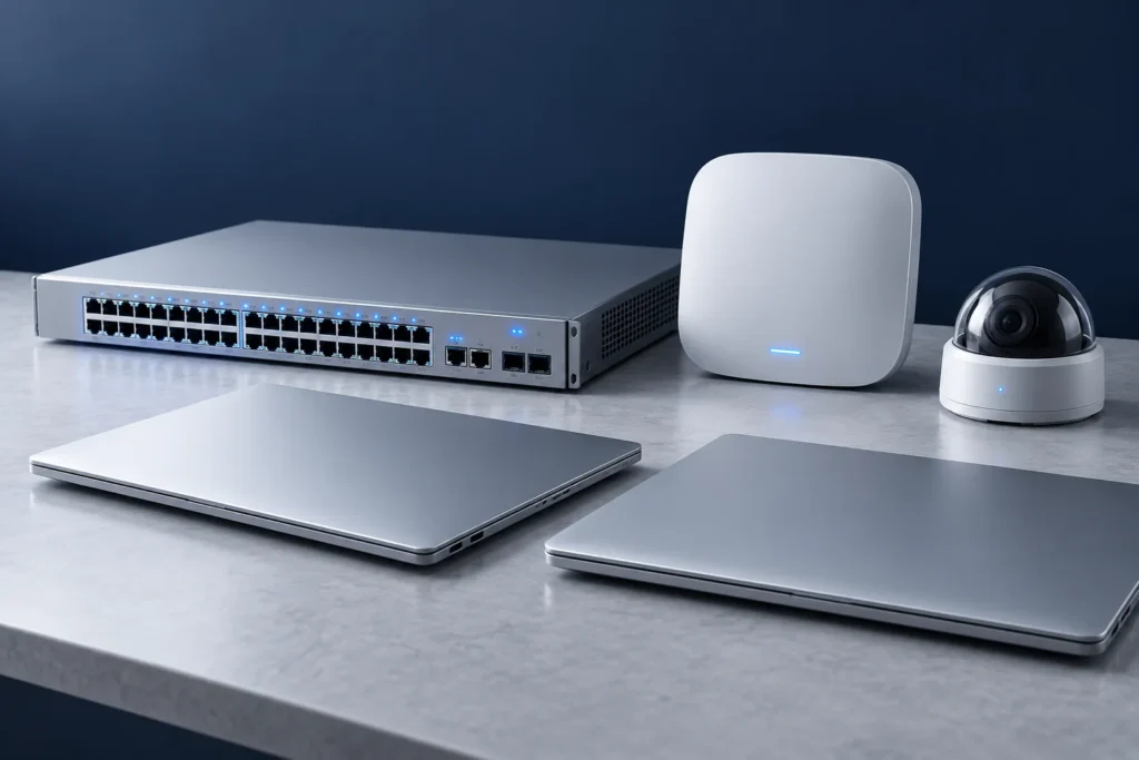Illustrative business hardware portfolio with network switch, wireless access point, camera and laptops