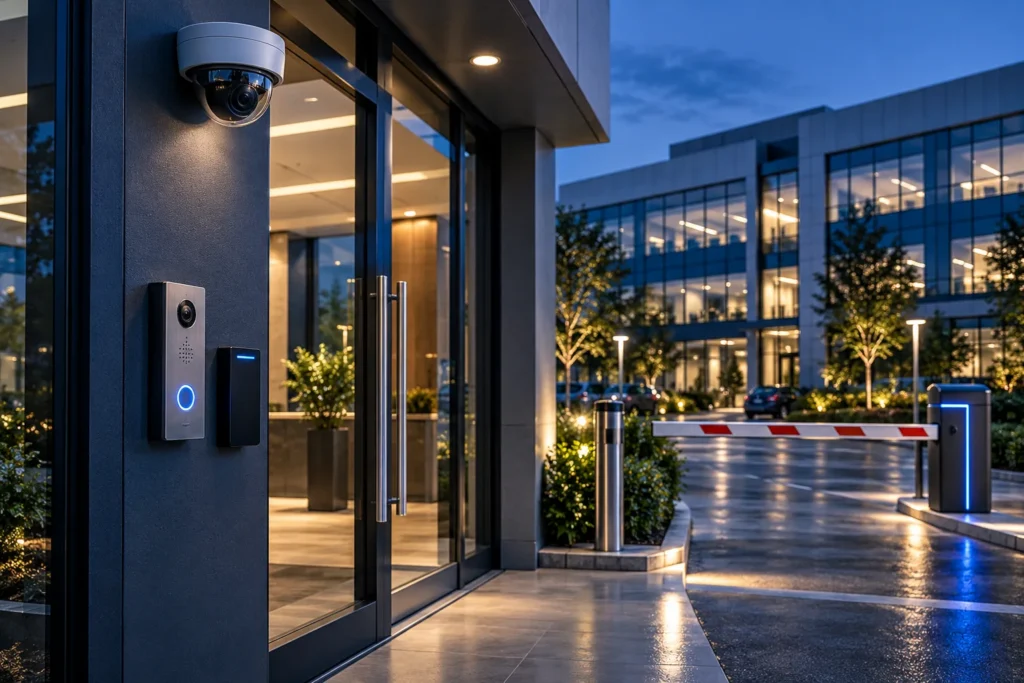 Illustrative commercial entrance with CCTV, door access reader, intercom and vehicle barrier