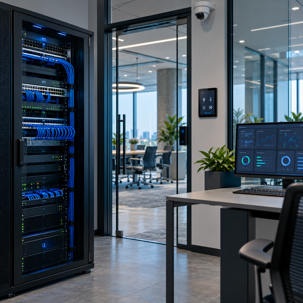 Connected business workplace with network rack, CCTV, access control, smart building controls and IT monitoring