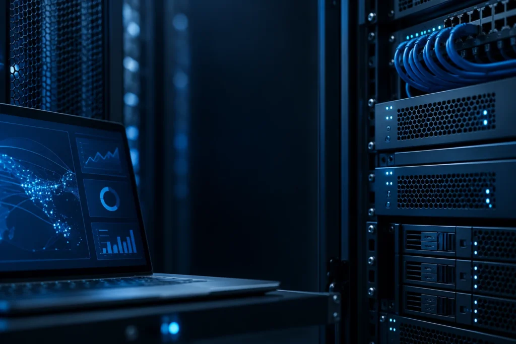Illustrative business security workspace with a laptop and connected network racks