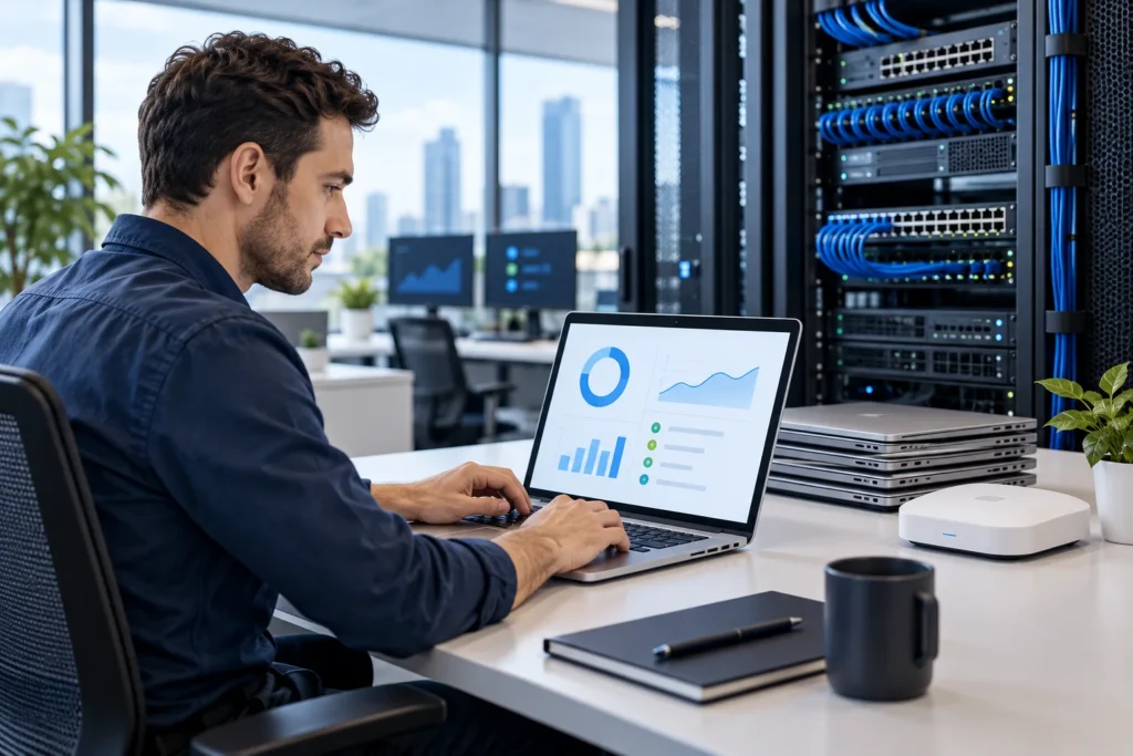 Illustrative engineer reviewing business technology with a laptop and network rack