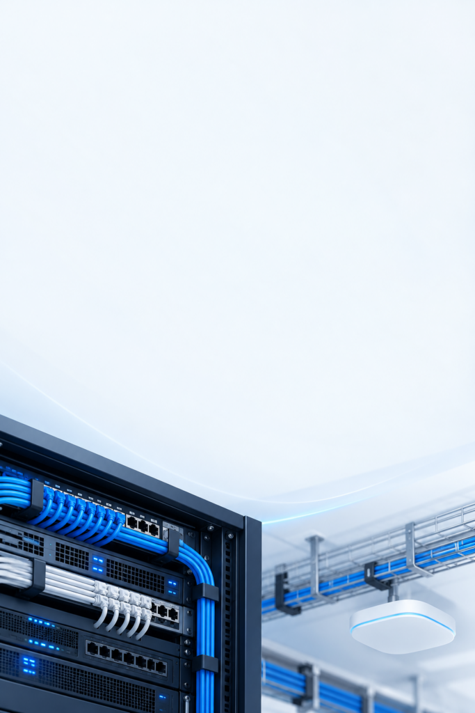 Illustration of a network rack, blue Ethernet cabling and a commercial Wi-Fi access point