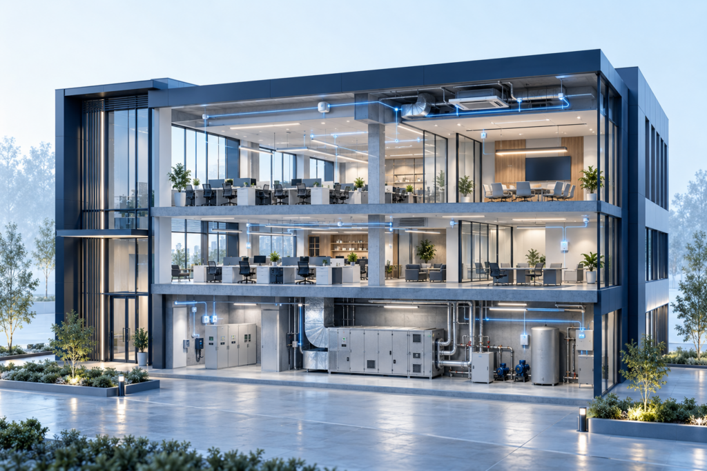 Illustrative commercial building cutaway showing connected sensors, lighting and building services
