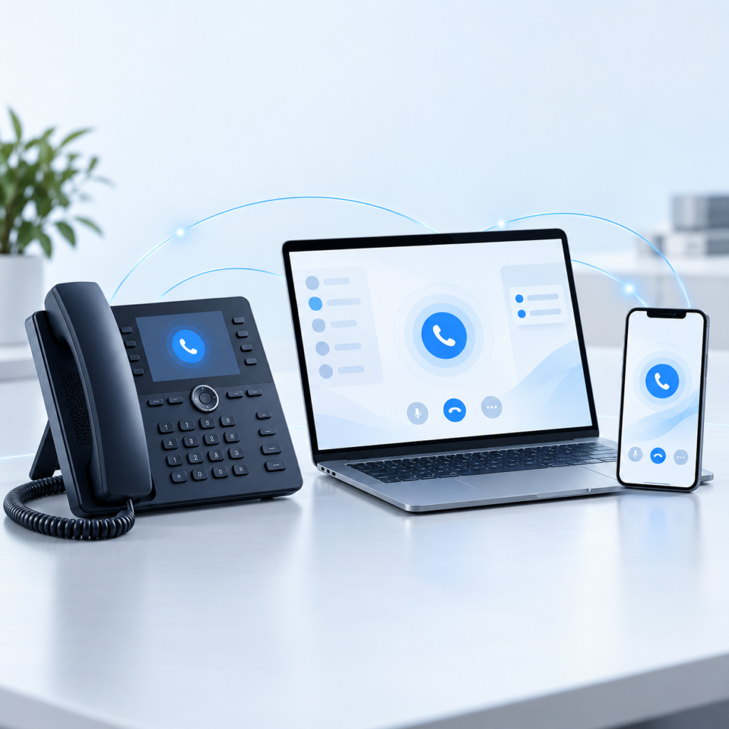 Modern desk phone, laptop and smartphone displaying blue call icons